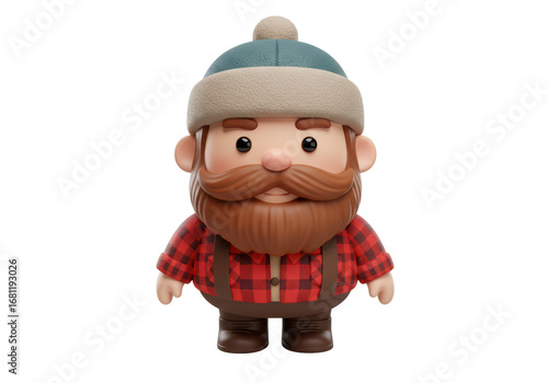 Isolated 3D render of a cute cartoon lumberjack with a flannel shirt and knitted cap