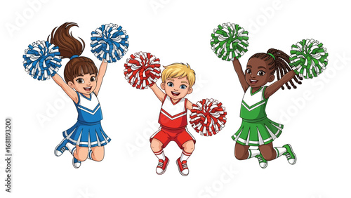 Cheerful Cheerleaders: A team of enthusiastic cheerleaders jumping and cheering with their colorful pom-poms, radiating energy and vitality. Capturing the dynamic spirit of school spirit.
