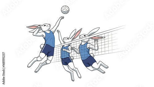 Volleyball Rabbits in Action: Playful illustration of cartoon rabbits engaged in a spirited volleyball game, depicting dynamic movement and teamwork in a fun and lively setting.