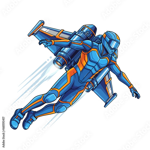 Soaring to New Heights: An illustration of a person, clad in futuristic attire, effortlessly glides through the air with a state-of-the-art jetpack propelling them skyward.