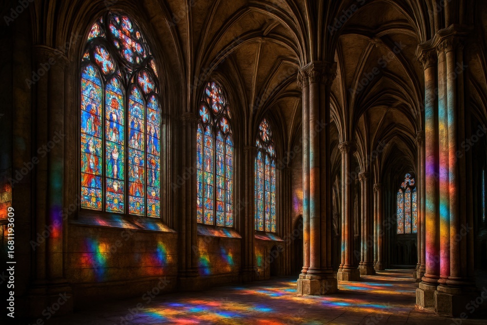 Fototapeta premium Magnificent Gothic cathedral with multicolored stained glass windows casting rainbow light across ancient stone interior