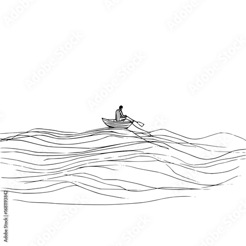 Man rowing boat sketch ocean waves illustration lonely voyage sea travel black and white simple drawing design art