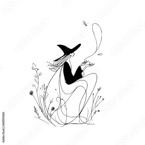 Witch illustration with magical elements and nature drawing for halloween and fantasy art design