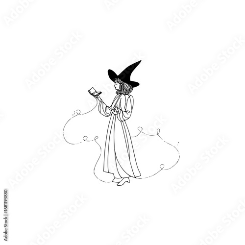 Line art of a witch reading a book with magical swirls for halloween designs and fantasy illustrations