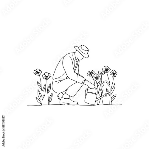 Man watering flowers garden line art vector illustration gardener tending plants floral design minimalist drawing