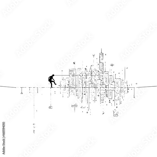 Conceptual art drawing of a man walking towards a city skyline on a tightrope black and white design