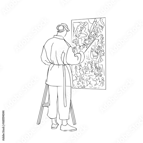 Artist creating abstract art on canvas with brush and ladder in studio illustration line drawing style art 100