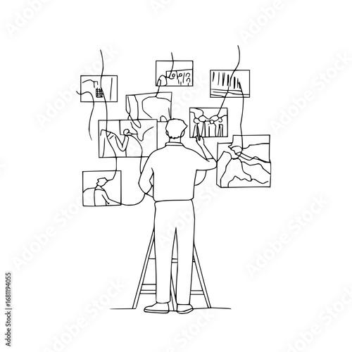 Artist creating artwork on wall using ladder fine art painting gallery exhibition creative process sketch drawing