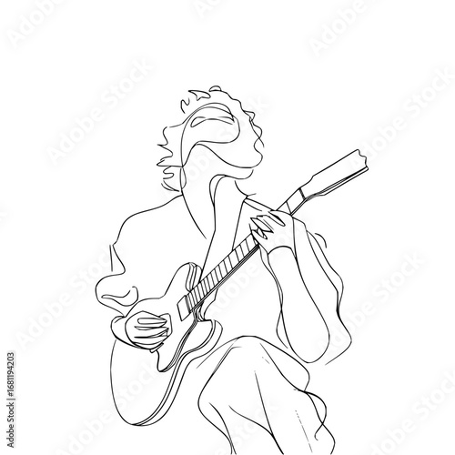 Continuous line art of a guitarist playing music on electric guitar musical performance illustration drawing