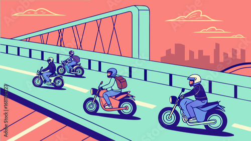 Group of diverse motorcyclists crossing modern bridge.