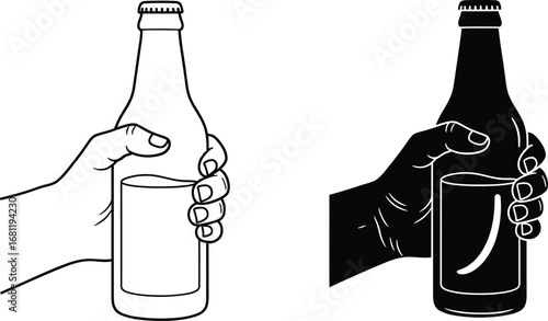 Hand holding beer bottle vector illustration line art style