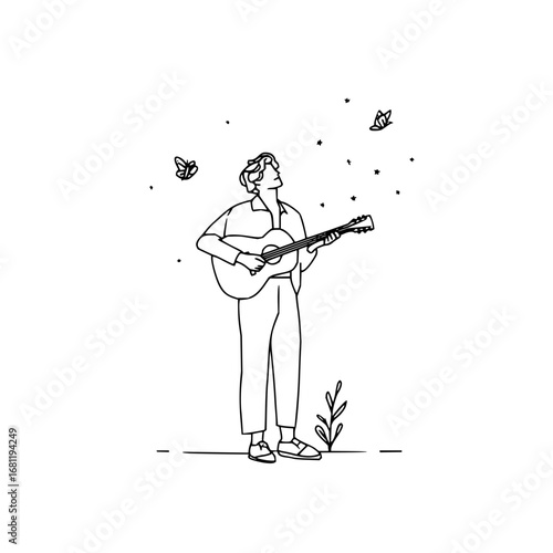 Line art illustration of a man playing guitar with butterflies and stars in a simple drawing style