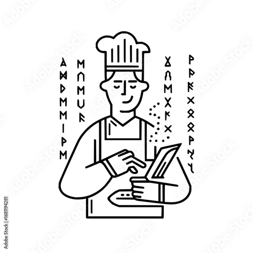Chef cooking illustration culinary arts professional kitchen food preparation expert skills and runes art 100