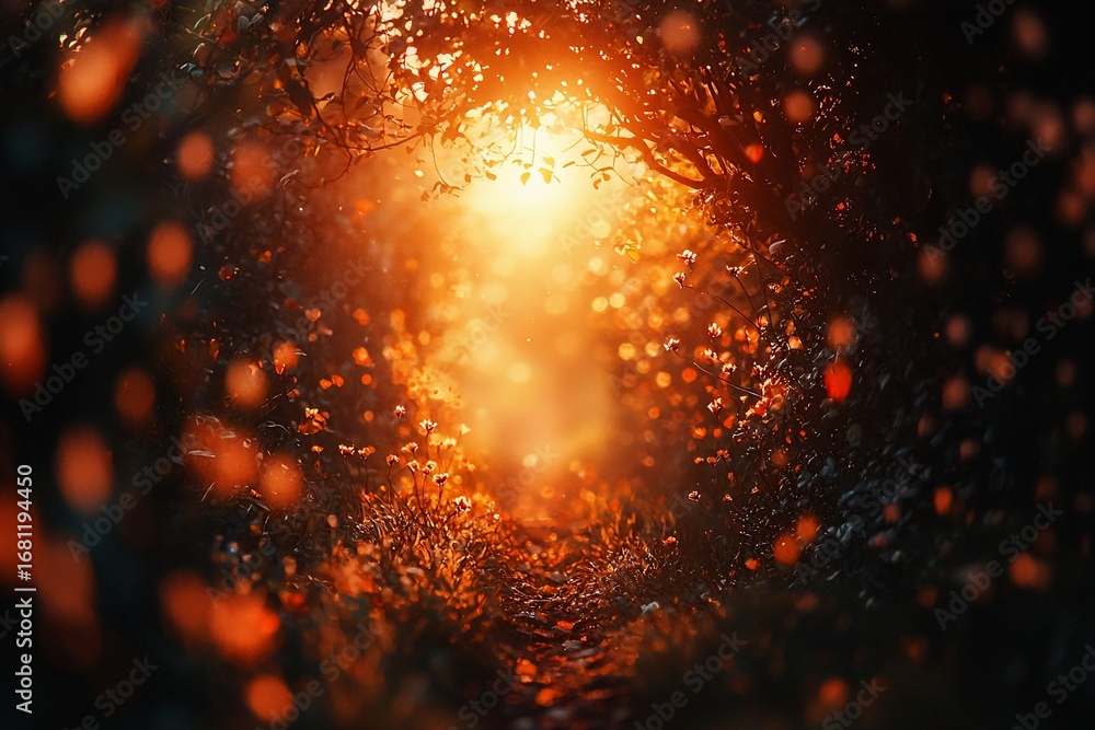 Naklejka premium Golden Hour Path Through a Blossoming Tunnel