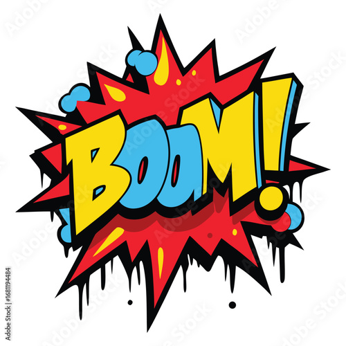 Explosive comic book style boom sound effect with dripping paint and bright colors on a white background