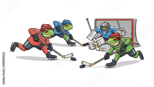 Frog Hockey Showdown: A dynamic cartoon scene captures a lively ice hockey game featuring anthropomorphic frogs, each poised with a hockey stick, as they compete intensely on the icy rink.