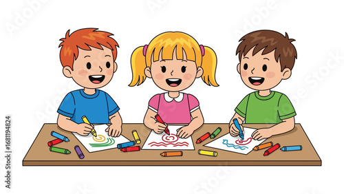 Joyful Creativity: Three young children sit at a table, immersed in a world of creativity, each child bringing their unique ideas to life with colored pencils, demonstrating the beauty of expression