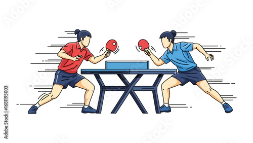 Ping Pong Duel: A dynamic illustration showcasing two athletes engaged in an intense ping pong match, embodying action and competitive spirit in this engaging vector graphic.