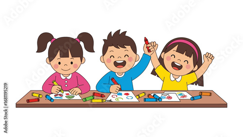 Artistic Endeavors: Young children, brimming with joy, collaborate on creative artwork at a table filled with vibrant crayons and colorful drawings.