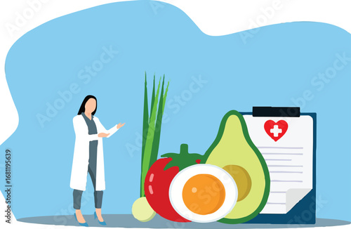 Nutritionist Advising Healthy Eating with Avocado, Egg, Tomato, and Medical Chart