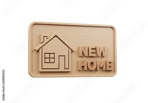 Isolated New Home Sign with House Icon in Beige Frame for Real Estate Advertisement