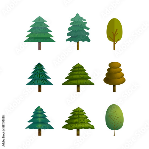 Icon set of trees in various shapes vector illustration element. Nature, forest and landscape concept isolated on white background.