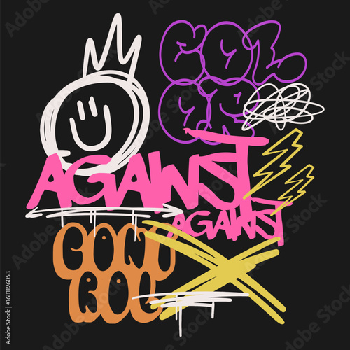 Trendy abstract hand-drawn doodle streetwear, graffiti urban graphic t-shirt print, Street art scribble vector design, Spray paint street style