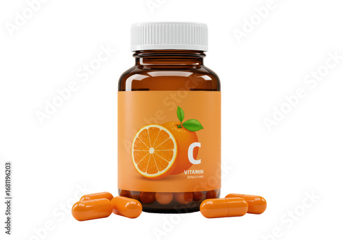 Isolated vitamin C bottle on a surface, dietary supplement, healthy nutrition, capsules