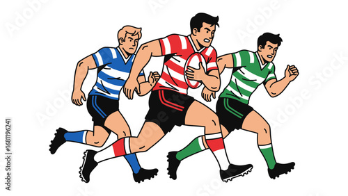 Rugby Players in Dynamic Action: A vibrant illustration captures three rugby players in mid-sprint, their eyes focused on the prize, their determination a testament to the spirit of competition.