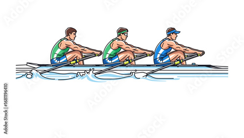 Rowing Team in Action: Energetic rowers demonstrate synchronized movements, propelling their sleek boat forward in a striking graphic, emphasizing teamwork and athletic prowess.