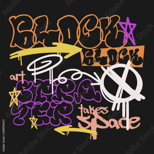 Graffiti urban graphic t-shirt print, Street art scribble vector design, Spray paint street style, Trendy abstract hand-drawn doodle streetwear
