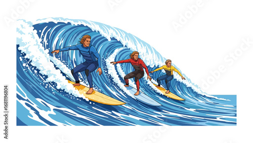Riding the Crest: Three surfers carve through a powerful wave, showcasing the thrill and skill of surfing in this dynamic illustration.