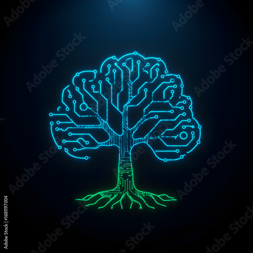 Futuristic circuit tree with glowing turquoise branches and lime-green roots
