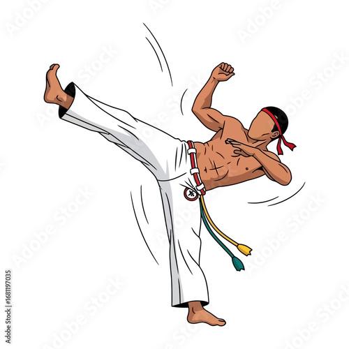 Capoeira Kick: A dynamic image captures a capoeira practitioner mid-kick, showcasing strength and agility through a graphic illustration.