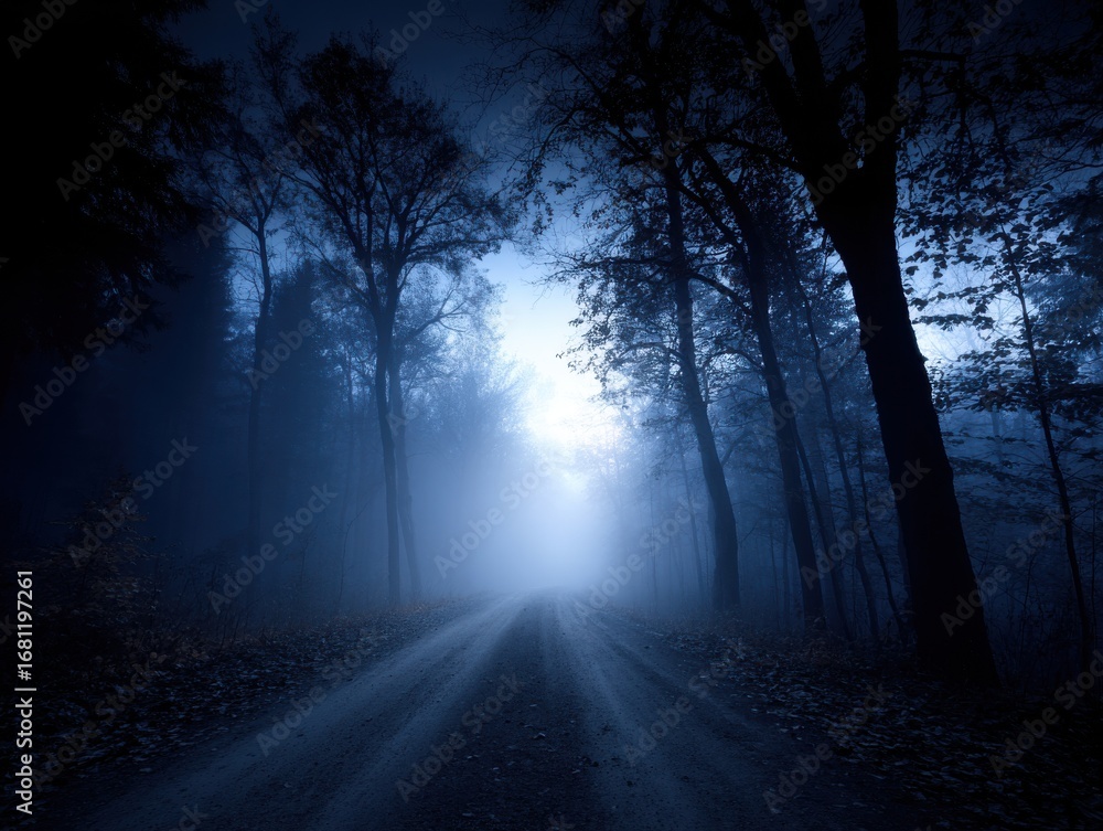 Obraz premium Misty road cutting through dark forest landscape at night atmospheric low angle view eerie nature scene