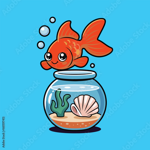 Smiling orange goldfish swimming in a clean fish tank with bubbles and seaweed