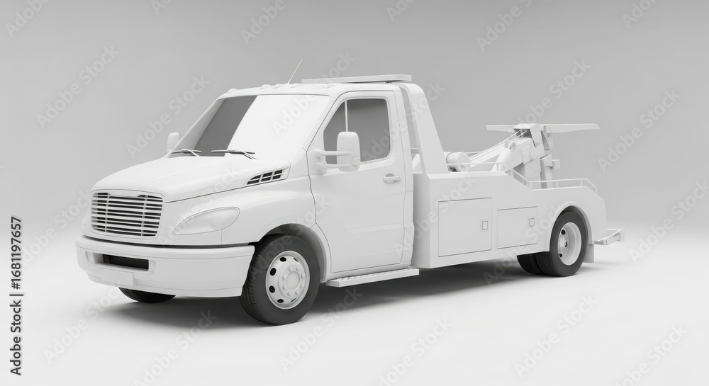 Fototapeta premium White tow truck, three-quarter view, isolated on light background, ready for roadside assistance.
