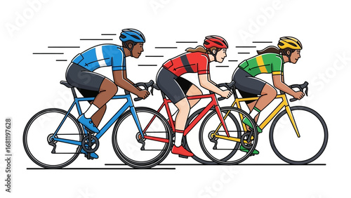 Cycling Trio: Energetic graphic showcasing three cyclists racing together on their bikes, with aerodynamic helmets and vibrant colors, illustrating the thrill of competition and the pursuit of speed.