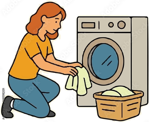 Woman Doing Laundry with Washing Machine and Laundry Basket at Home