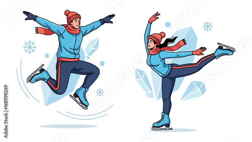 Ice Skating Duo: A pair of figures beautifully glide and leap on the ice, showcasing grace and skill in a dynamic illustration.
