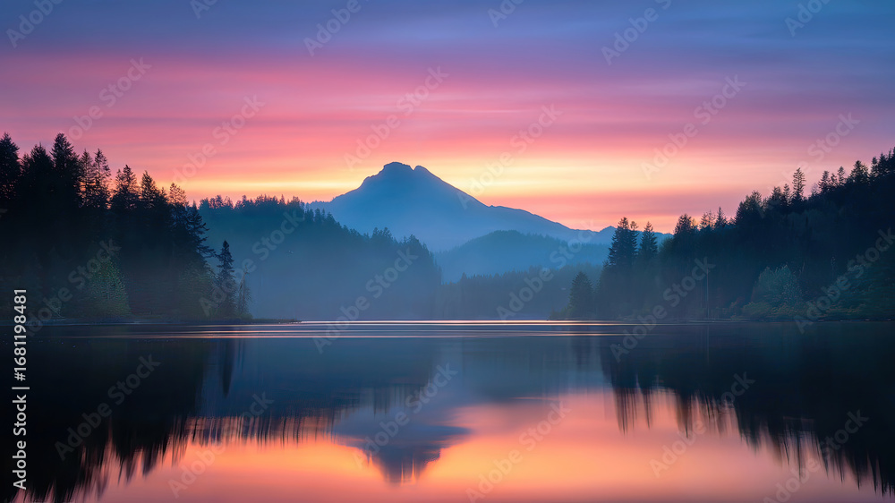 Obraz premium Tranquil scenic lake landscape at sunset with silhouetted mountains and forest reflections