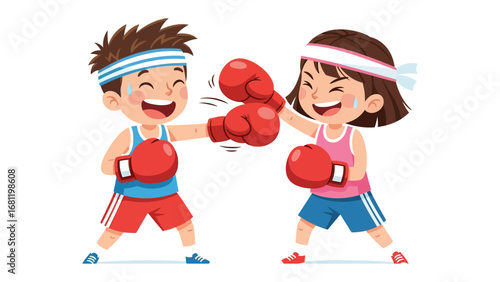 Joyful Boxers' Duel: Two young athletes, energized and focused, engage in a friendly boxing match, radiating happiness and competitive spirit through their dynamic poses and expressions.