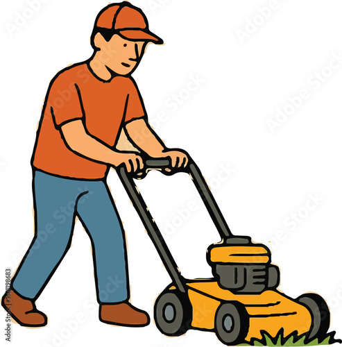 Man Mowing Lawn with Push Lawnmower – Lawn Care and Gardening Concept