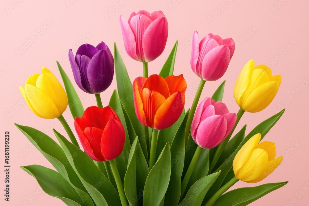 Obraz premium Spring tulip garden display with pastel pink background creating fresh seasonal celebration for women's appreciation