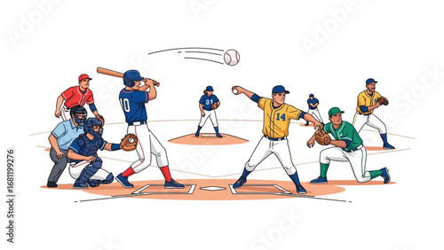 Baseball Action: A dynamic illustration captures a baseball game in full swing, with a batter facing a pitcher, fielders ready, and the baseball in mid-flight.