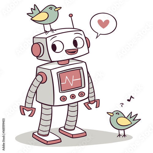 Vector illustration of Friendly robot with a bird on its head and another singing