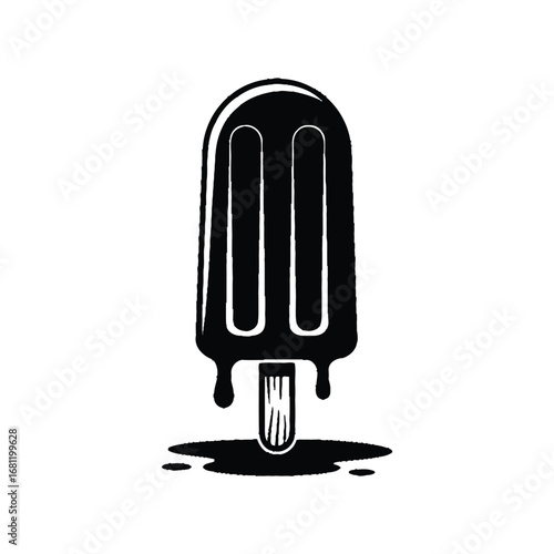 Black and white illustration of a melting popsicle dripping onto a puddle of liquid