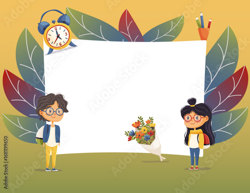 Frame with schoolboy and schoolgirl holding backpacks bouquet of flowers alarm clock. Blank center for text. Ideal for school projects posters invitations and cards