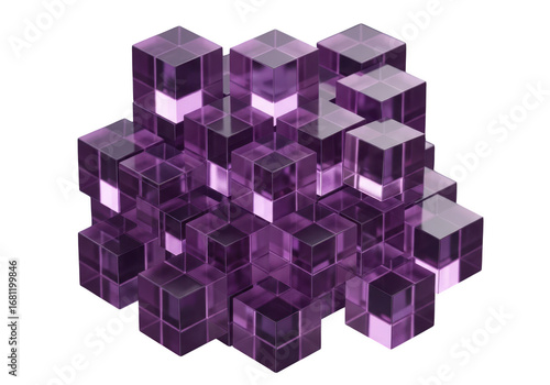 Abstract cluster of translucent purple geometric cubes isolated on transparent background