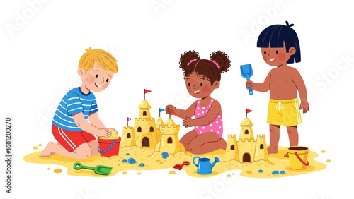 Building Dreams: A sun-kissed scene where three children bring to life their imagination by crafting elaborate sandcastles on the beach. The air crackles with the sound of laughter.